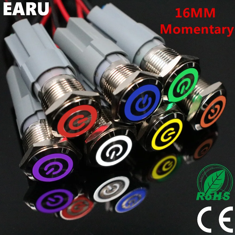

16mm Waterproof Press Metal Push Button Switch LED Light Momentary Self-reset 5V 12V 24V 220V Red Blue Green Car Engine PC Power