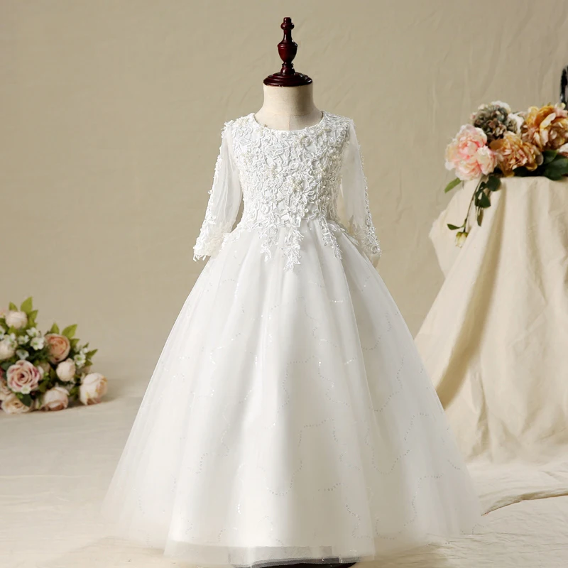 

5 Colors 2-12Y Beading Flower Girl Dresses Lace Tulle Kids Pageant Dresses for Wedding Birthday Ball Gown Prom Party Gowns B90