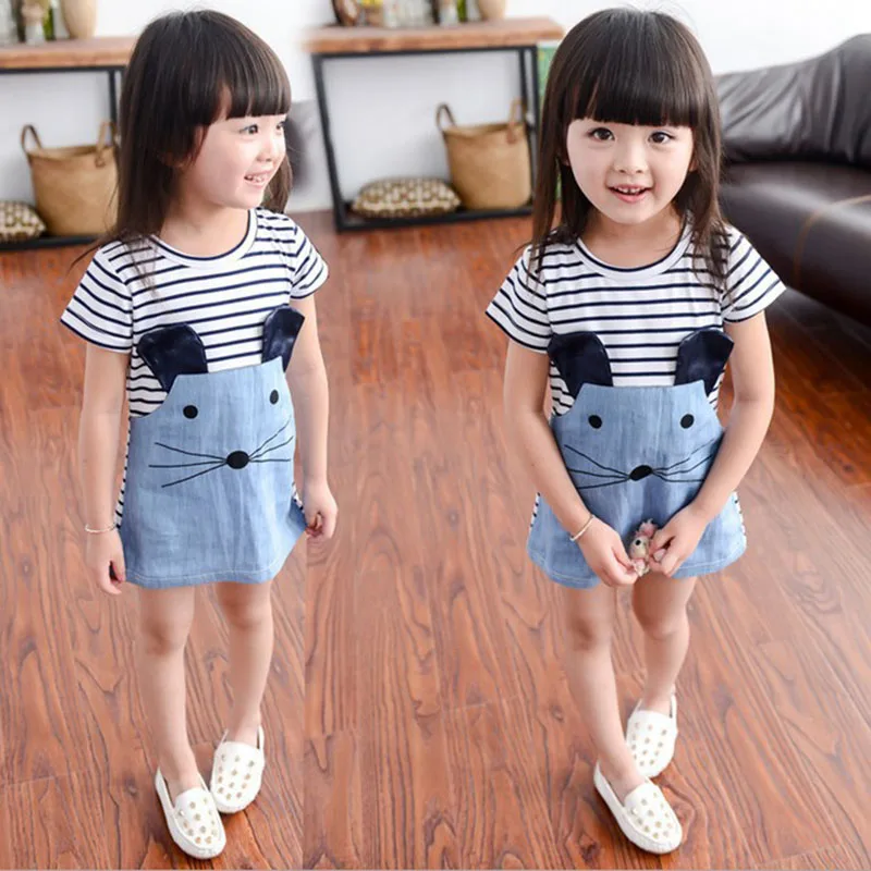 

New 2018 Striped Patchwork Character Girl Dresses Cute Mouse Children Clothing Kids Girls Dress Denim Kids Clothes