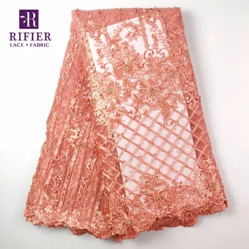 

Peach Color African French Stones Beads Lace Fabric Nigerian Beaded Embroidered Guipure Mesh Tulle Laces For Indian Wedding Lace