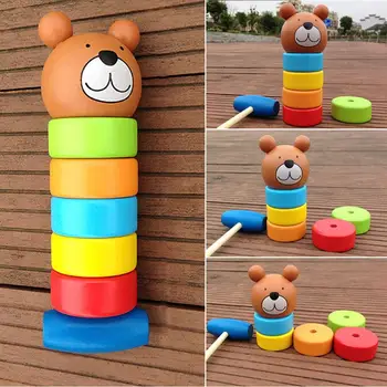 

Primary Baby Wooden Cartoon Stacking Block Rainbow Tower Kids Kindergarten Home Educational Play Toys Gift Stacking Block Toy