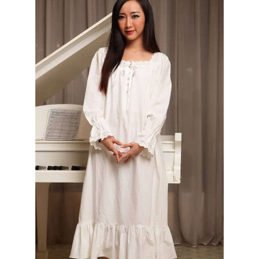 Femmes chemises de nuit blanc printemps automne 100 coton princesse royale vintage sleepshirts Femmes chemises de nuit blanc printemps automne 100 coton princesse royale vintage sleepshirts