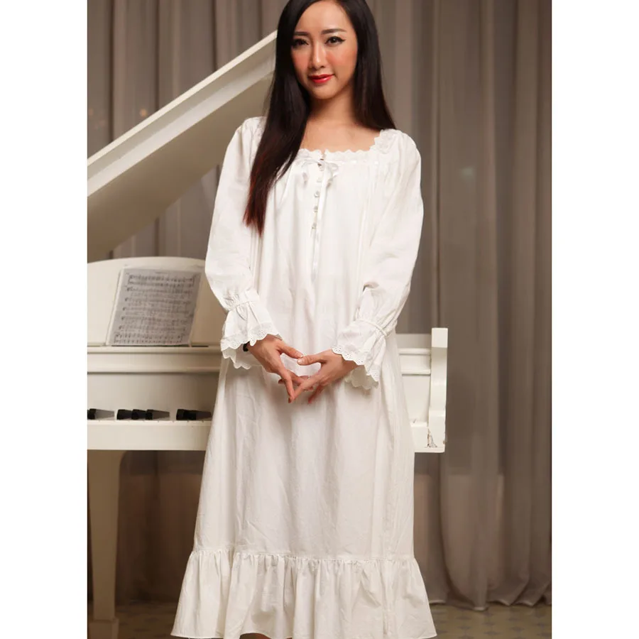 여성 잠옷 흰색 봄 가을 100 %면 공주 로얄 빈티지 잠옷 긴 소매 긴 잠옷 패션 라운지
