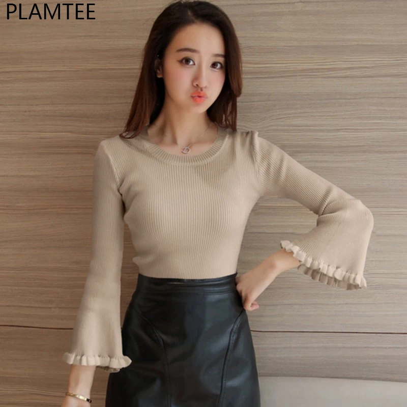 

PLAMTEE 2017 Autumn Winter Sweet Lady Sweaters 3 Colors Round Neck Flare Sleeve Bottoming Pullovers Solid Slim Jumper Pullovers