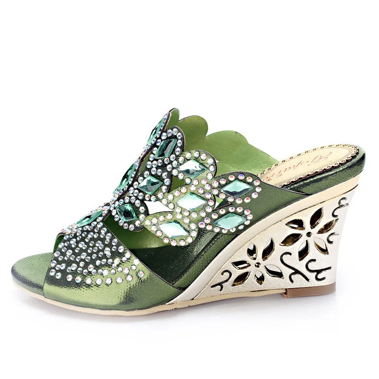 2017 New Green Large Size Open-toe Womens Shoes Leather 40 44 Wedge Heel Slippers Heels Sandals Party & Evening High Quality-8