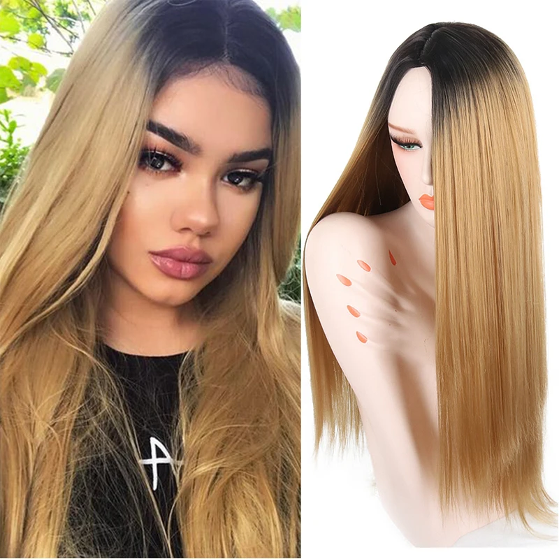 Deyngs 30inch Long Straight Ombre Light Pink Synthetic Wigs for BlackWhite Women Middle Part Wigs Dark Roots Heat Resistant Wig (8)