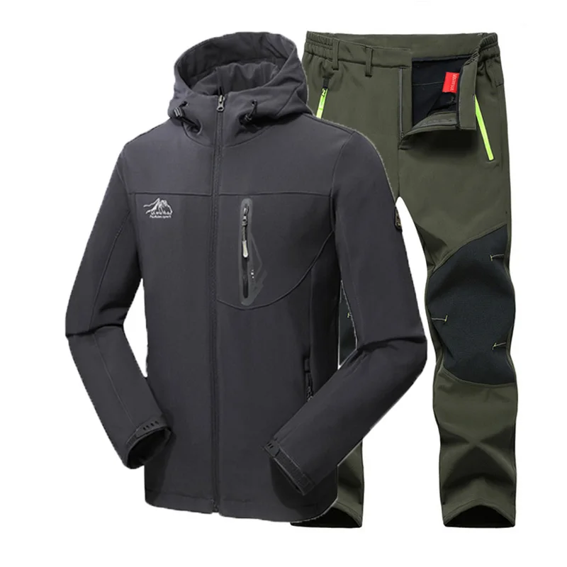Мужская зимняя водонепроницаемая для рыбалки, катания на лыжах, Походов, Кемпинга, мужчин, теплая флисовая наружная куртка, костюм, брюки, 5XL, плюс размер - Цвет: Gray Green Suit