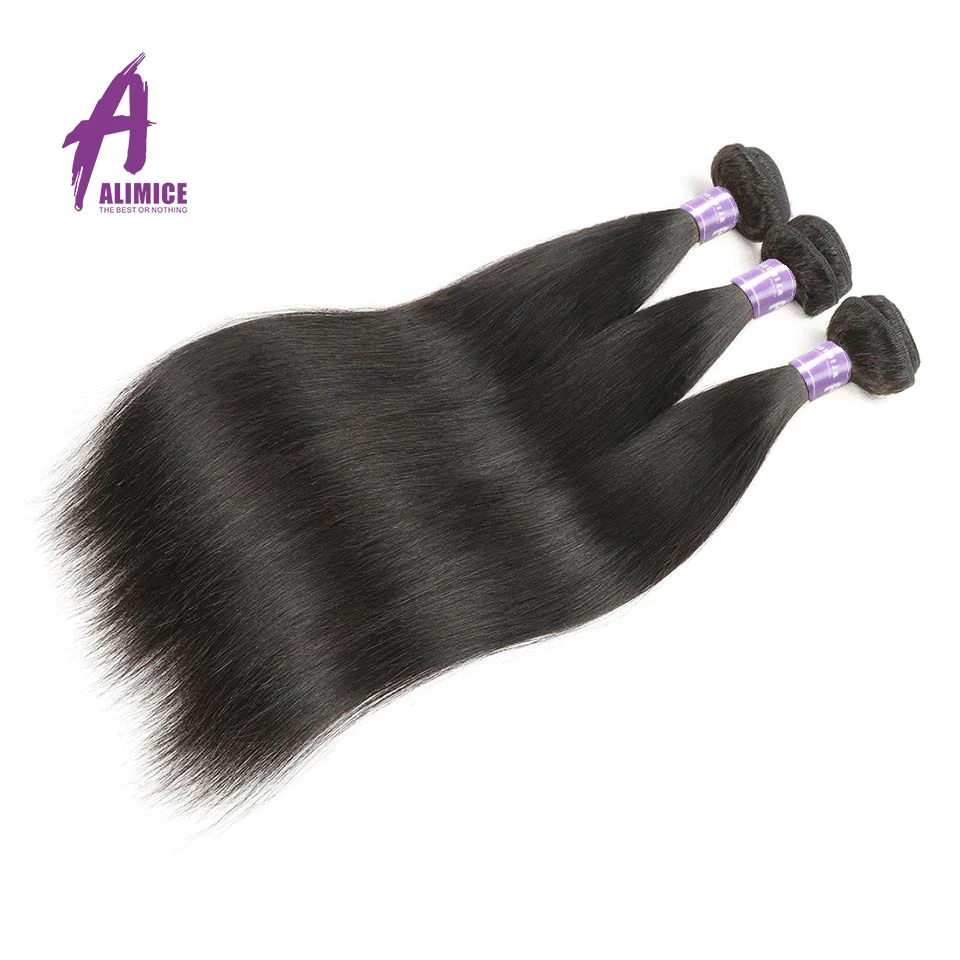Alimice Hair Indian Straight Human Hair Bundles With Closure 3 Bundles Hair Extensions With Closure Natural Color Straight Hair