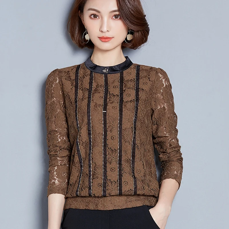 

2017 Autumn long sleeve striped lace blouses women fashion lady's brown lace shirts month's hollow out black lace pullover tops