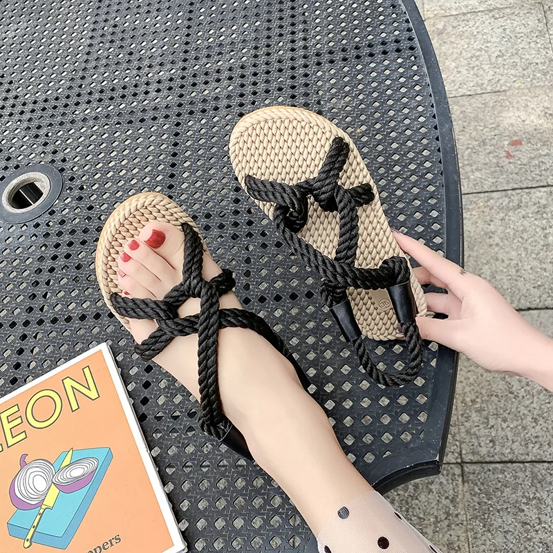 CHAISHOU أحذية امرأة الصيف حبل النسيج الانزلاق على صنادل شاطئ المصارع الصليب مرتبطة أحذية zapatos موهير CS-504