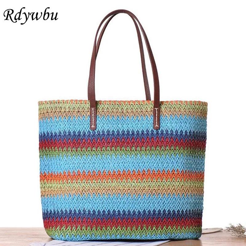 

Rdywbu Rainbow Striped Straw Woven Shoulder Bag 2017 Summer Women's Panelled Weave Tote Handbag Travel Beach Bag Bolsos B231