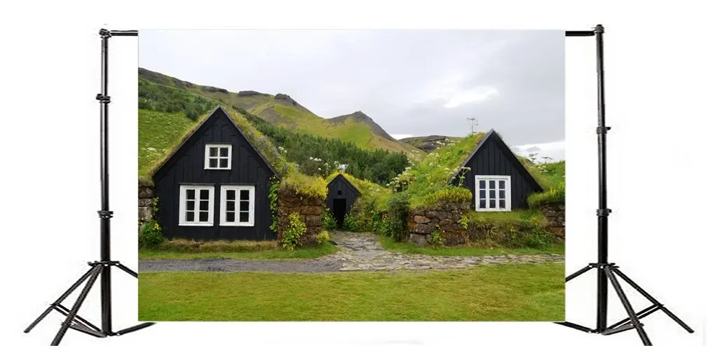 

Photography Backdrop Nature Shabby Chic House Grass Field Gravel Road Flowers Mounts White Cloud Ric