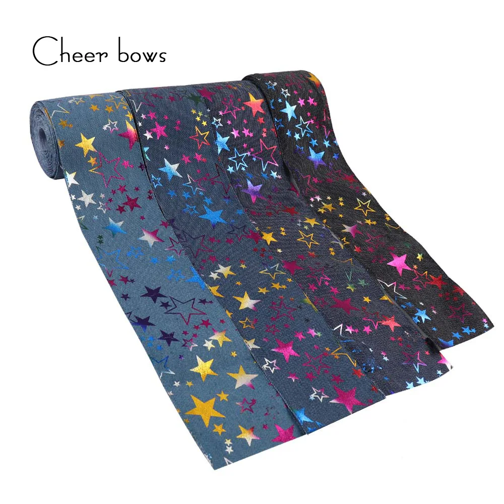 

2Y/lot3'' 75mm Denim Ribbon Stars Printed Fabric Holiday Decorations Materials For Tissue Kids Bedding Gifts Packing Warrping