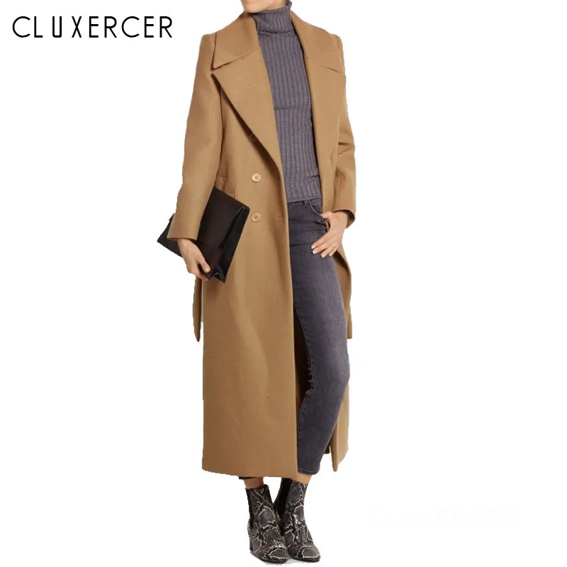 2018 Herfst winter wol vrouwen jassen elegante Maxi wol jas Uitloper Solid Eenvoudige mode Double Breasted wollen met riem 2018 Herfst winter wol vrouwen jassen elegante Maxi wol jas Uitloper Solid Eenvoudige mode Double Breasted wollen met riem