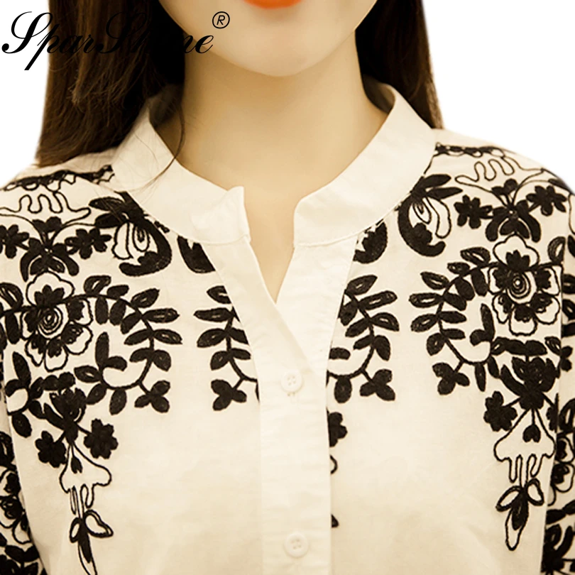 Blusas женская блузка с вышивкой топы Camisas Femininas белые черные 2017 5XL хлопок лен плюс