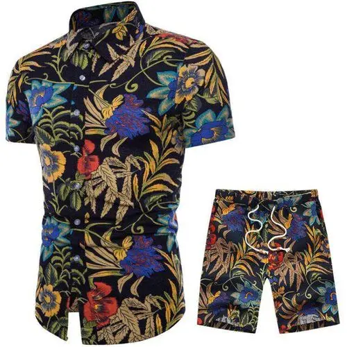 Летний народный стиль, модная рубашка с цветочным рисунком, мужские комплекты, повседневные рубашки, костюмы, топы с коротким рукавом, однобортный костюм 5XL - Цвет: TZ06