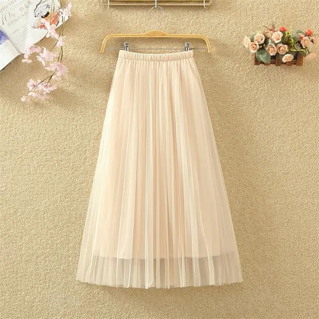 Women Long Loose Skirts Spring Summer Elastic Waist Pleated Mesh Big