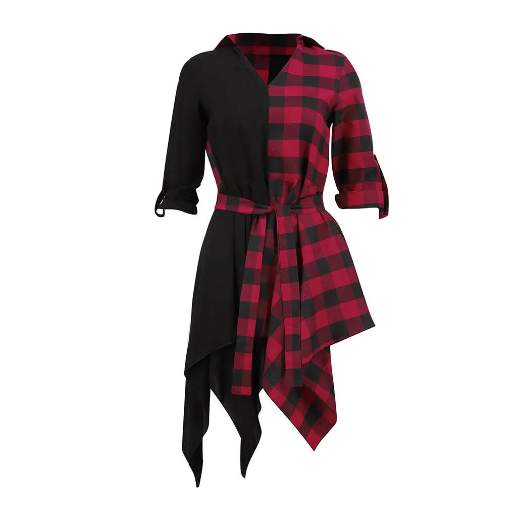 New Womens V-Neck Check Dress Long Sleeve Sashes Loose V Neck Plaid Tops Casual Sexy Mini Dress - Цвет: Красный