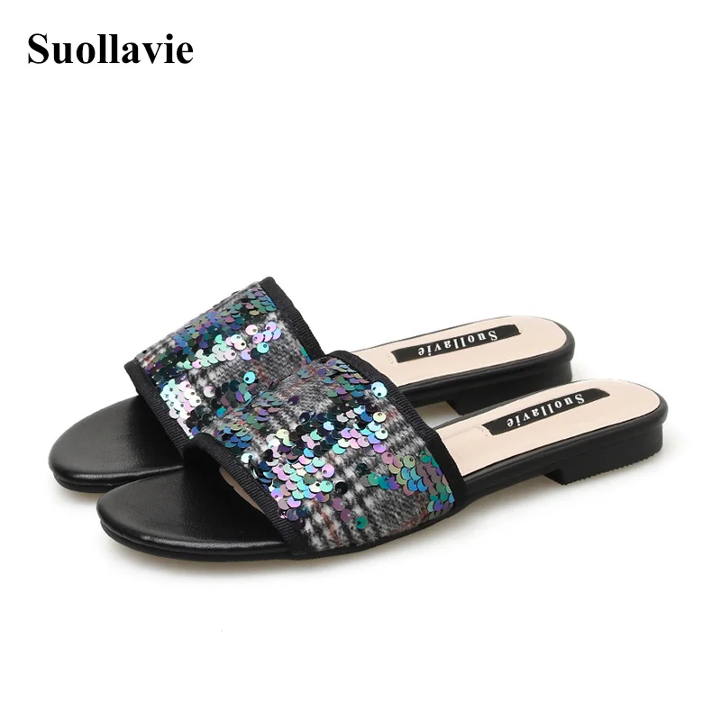 

Ladies Slippers Sandals Glitter Bling Slides Rubber Shallow Women Shoes Black Brown Fashion Flats Heel 2CM Slippers Size 35-40