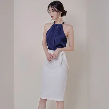 

Sexy Women Summer Elegant Two Pieces Set Blue Halter Neck Sleeveless Top and White Bowknot Knee Length Pencil Skirt Suits