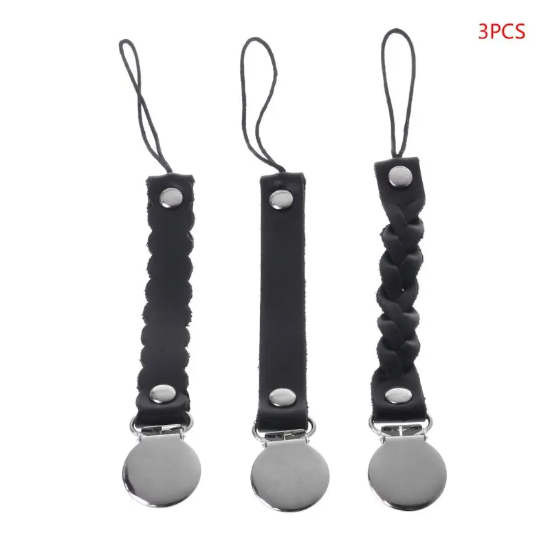 3pcs Baby Pacifier Clip Faux Leather Anti Fall Strap Teething Nipple Holder