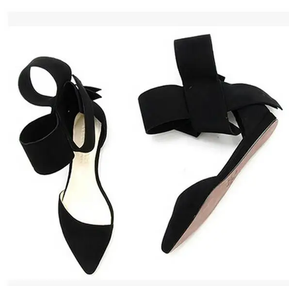 Big Size 13 Cheap Price Black Suede Leather Big Bowtie Flat Dress shoes woman Pointed Toe Ankle Strap Flats Fashion shoes woman