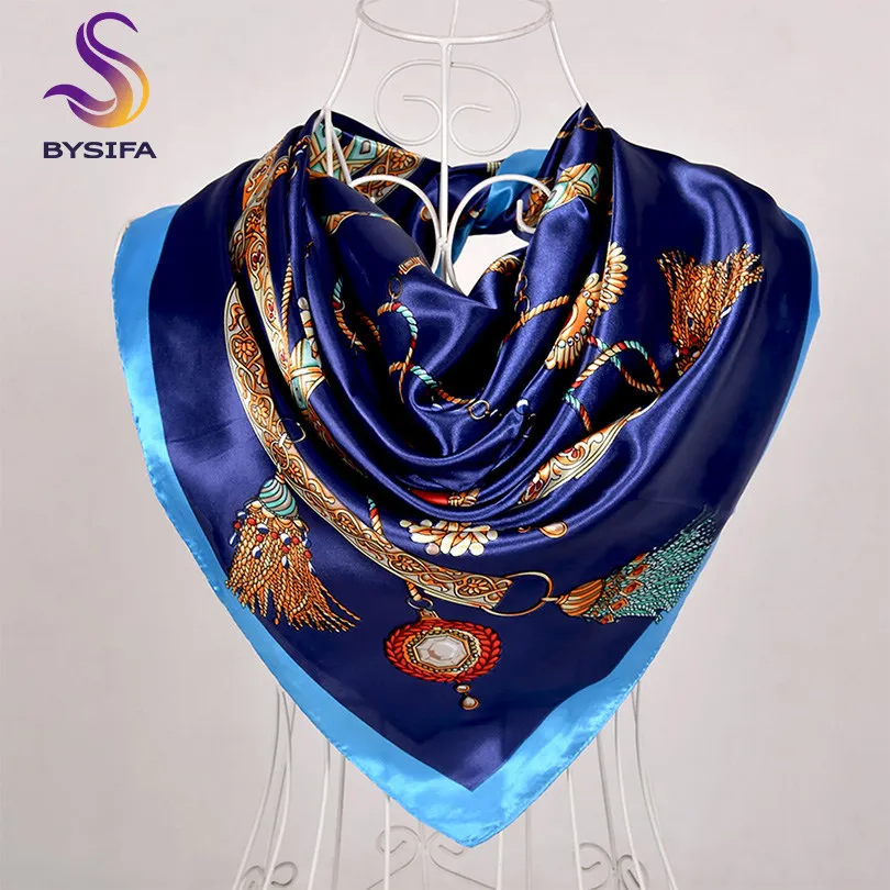 dark blue 573 Элегантный женский большой квадратный шелковый шарф с принтом, 90*90 см, модный весенний и осенний серый и фиолетовый Шелковый шарф из полиэстера, шаль - Цвет: dark blue 573