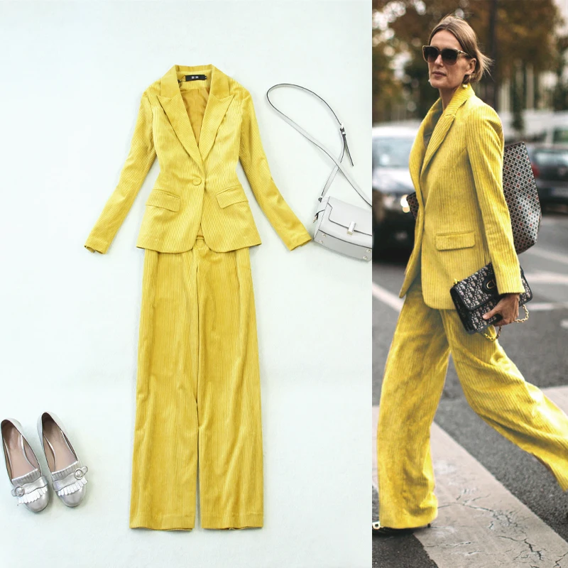 

Women Clothes Large Size Women's Autumn and Winter New Yellow Long Suit Solid Color High Waist Wide Leg Pants Trousers Suit