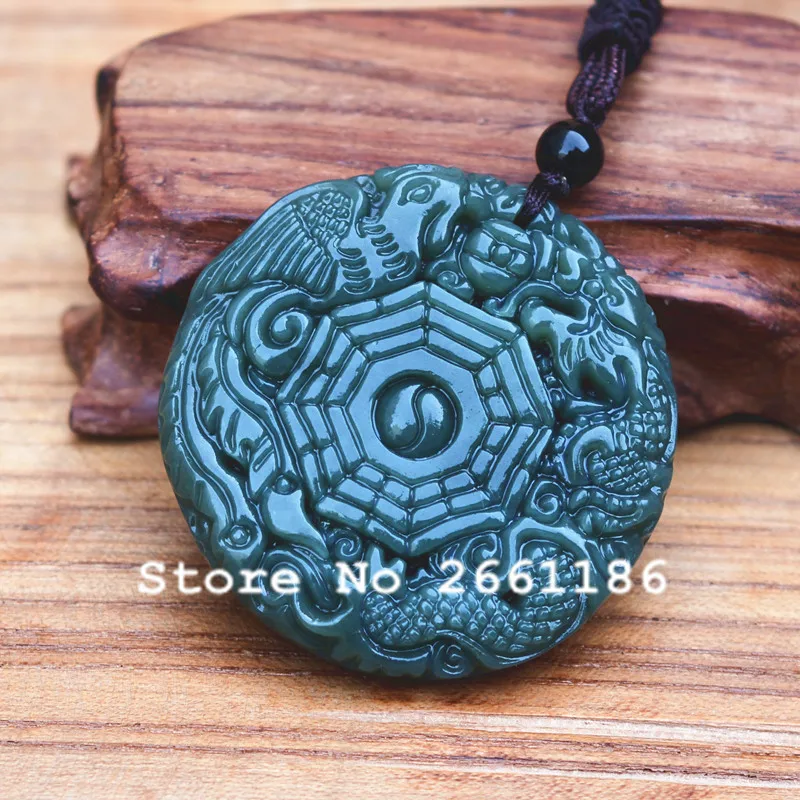 Natural Green HETIAN Jades Pendant Carved Chinese Dragons Phoenixes