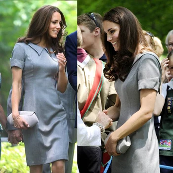

Kate Middleton Princess Solid Dress Fashion Turn-Down Collar Mini Sheath Dresses With Belt D4196