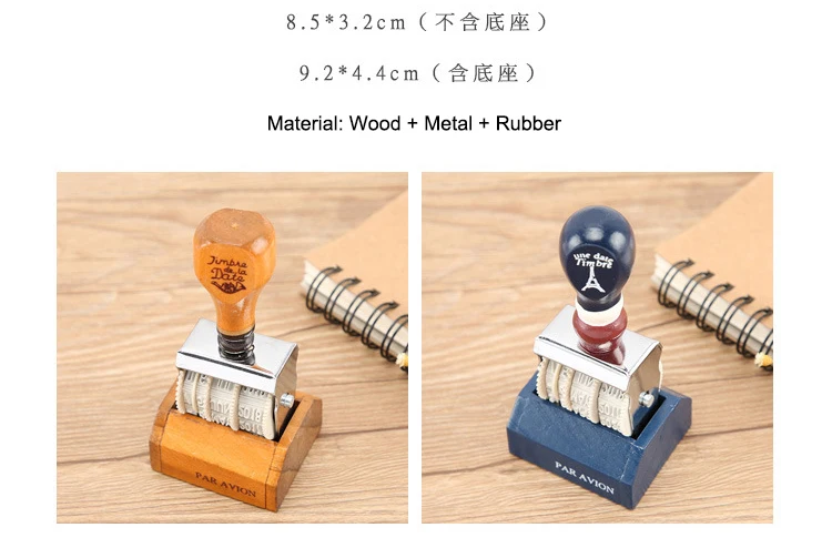 Vintage Japanese and Korean popular Zakka Creative Retro Wooden Rubber Stamp handle date roller stamp with base 2 options