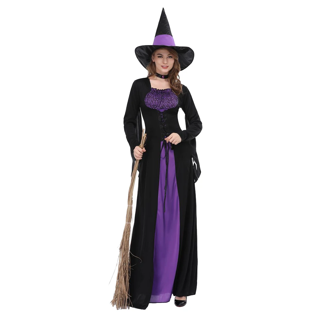 

Women Black Purple Witch Dress Sorceress Cosplay Adult Halloween Party Costume
