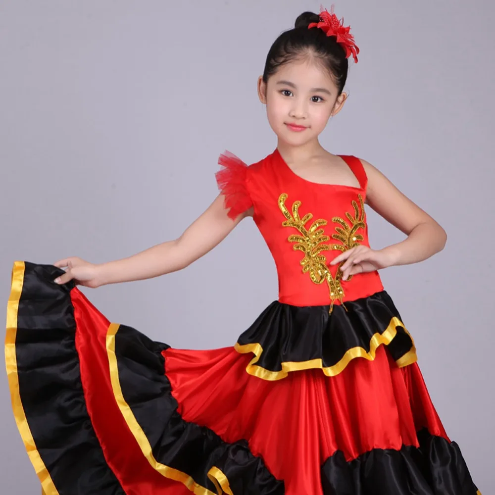 Kids Girls Red Belly Dance Dress Spanish Flamenco Costume Ballroom Tribal Dress Head Flower