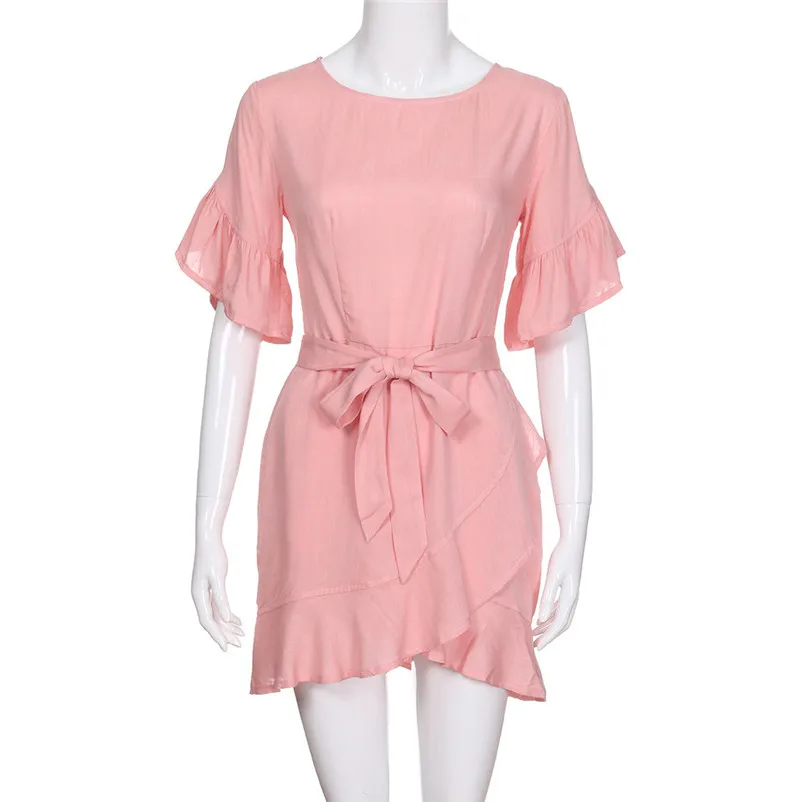 HOT sell Fashion summer dress 2018 beach dress Women Short Sleeve Holiday Solid Dress Ladies Ruffle Mini Dress vestido Y20#N (4)