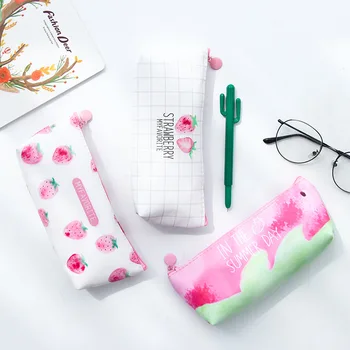 

Kawaii Strawberry Pencil Bag Cute Candy Color Pencil Case PU Leather Pen Holder Zipper Pen Organizer Korea Stationary Gift Pouch