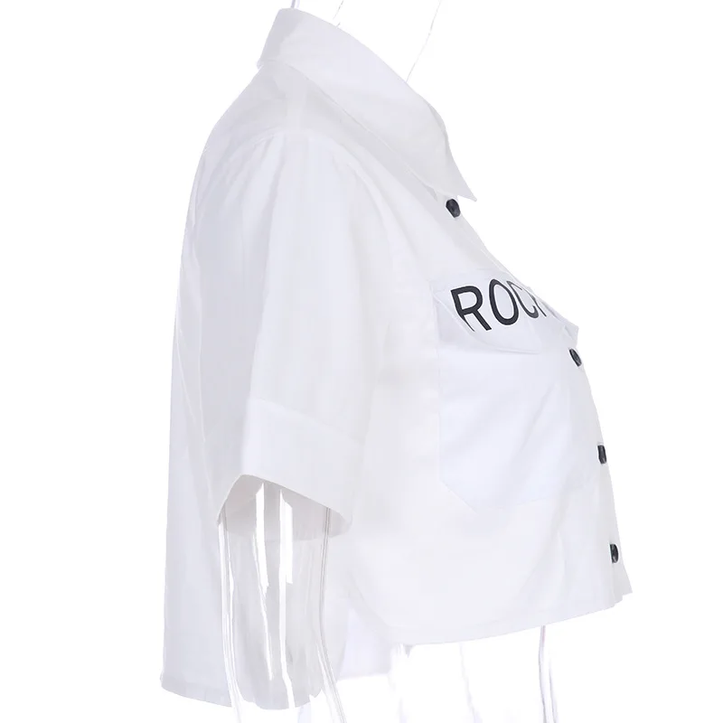 Рок больше с буквенным принтом белая блузка для женщин короткий рукав повседневные укороченные сексуальные блузки рубашки летние женские короткие топы для девочек Blusa
