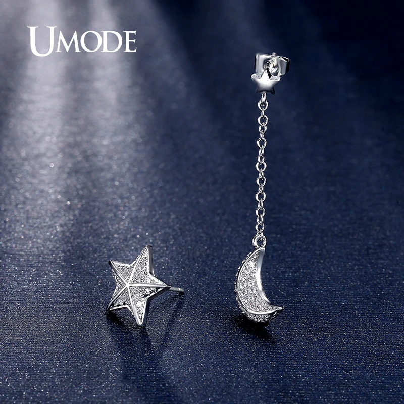 Женские серьги капли UMODE Brincos с цепочкой в виде звезды и Луны белого/розового