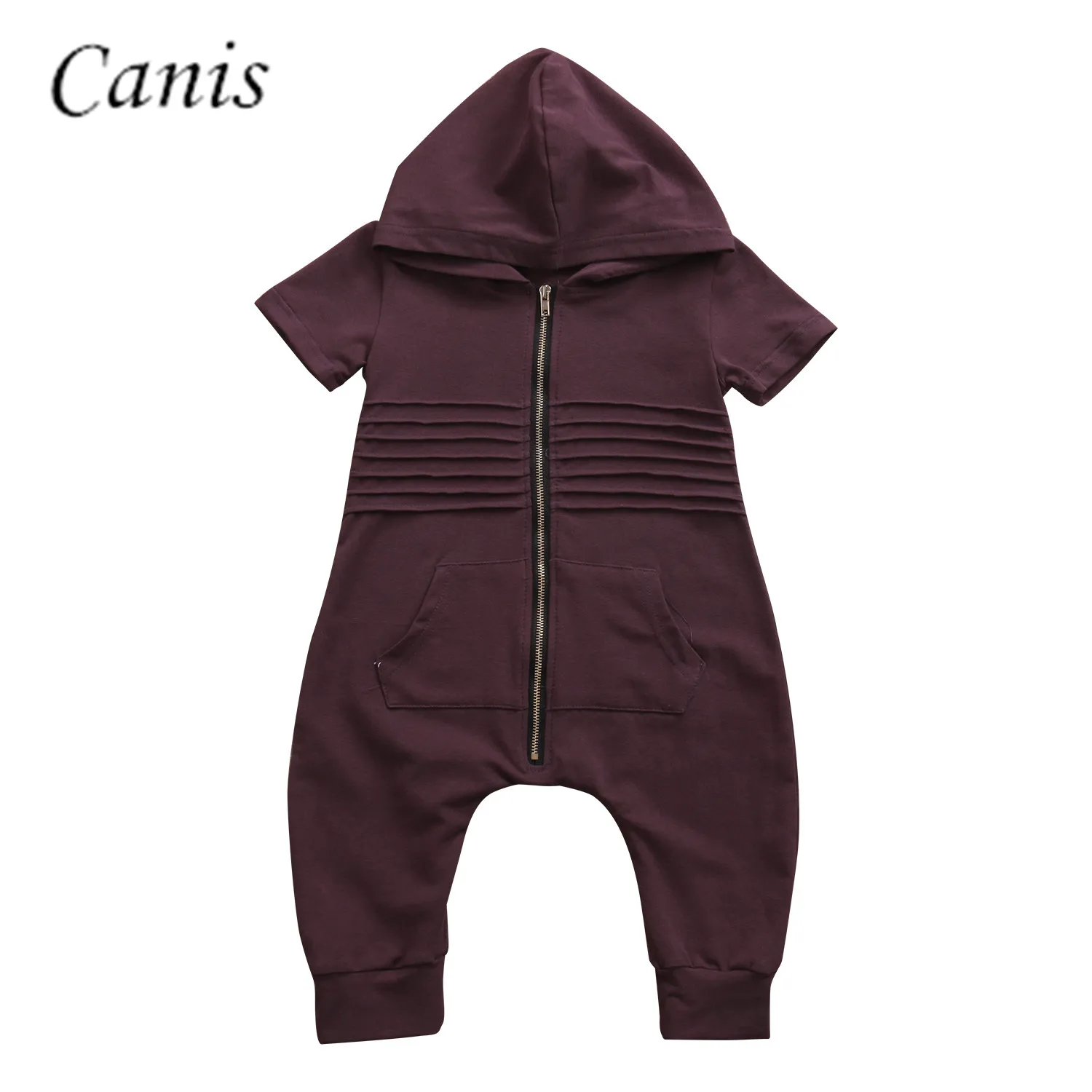 Newborn Infant Toddler Baby Boys Hooded Zipper Bodysuit Short Sleeve