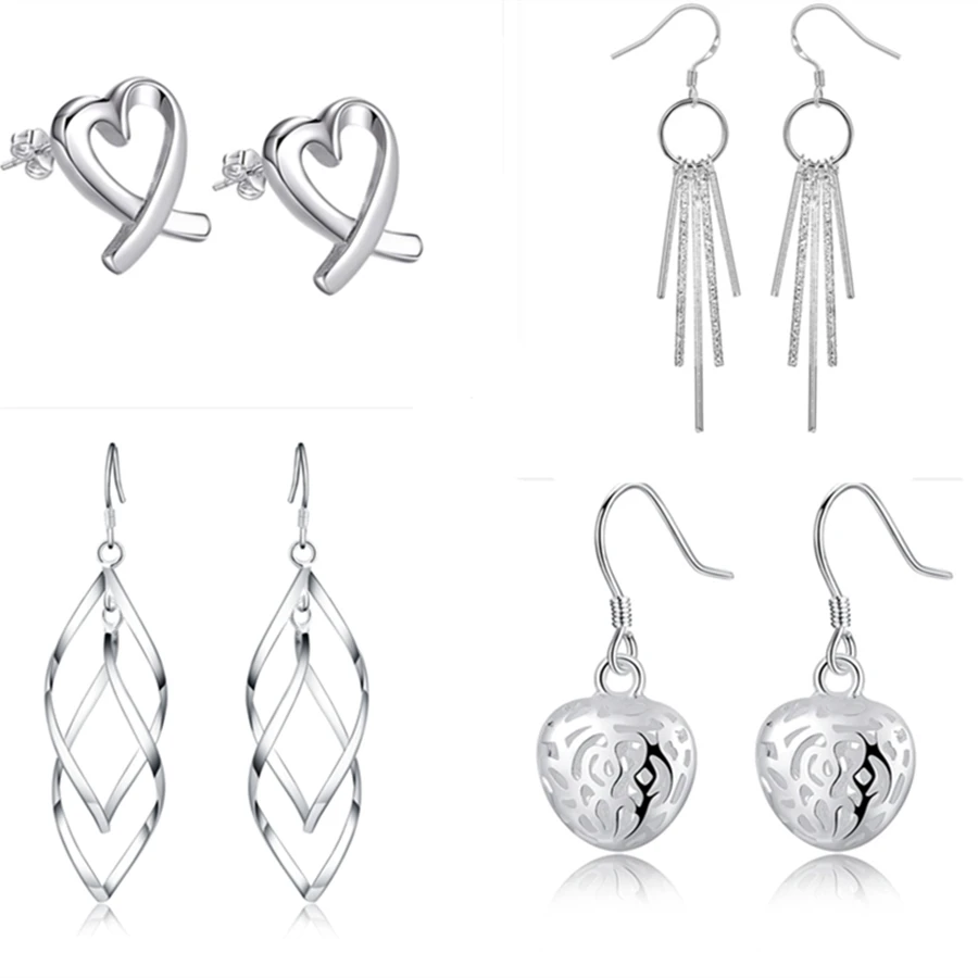 

wholesale 4 pair set silver plated fashion elegant charms earrings 925 for women lady girl wedding party gift jewelry set