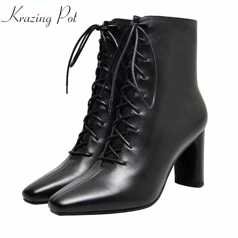 

krazing pot genuine leather British Winter square toe lace up cross-tied runway streetwear high heels Chelsea ankle boots l92
