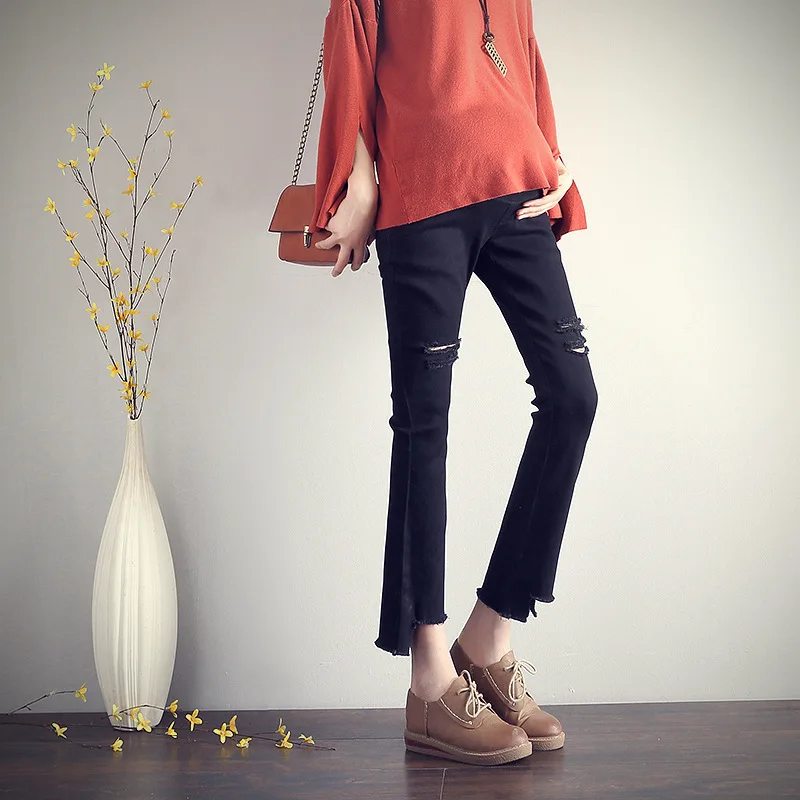

Maternity Black Jeans Pants Pregnant Women Denim Flares Trousers Maternity Black Hole Jeans Pants For Pregnant Women H141