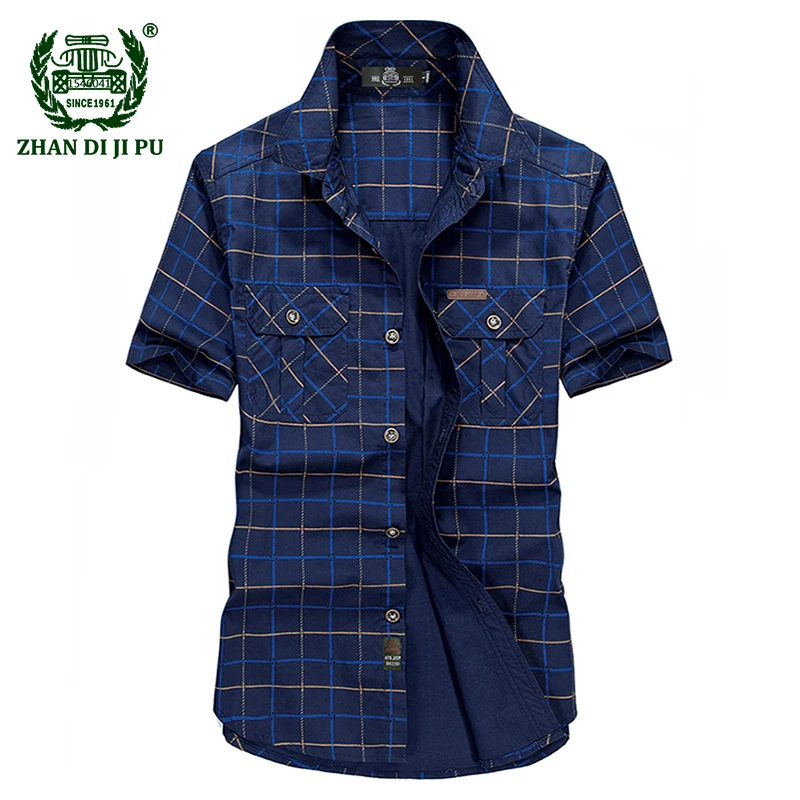 

Plus Size M-5XL 2018 Summer men's casual brand army green grid short shirt man 100% pure cotton afs jeep khaki plaid shirts tops