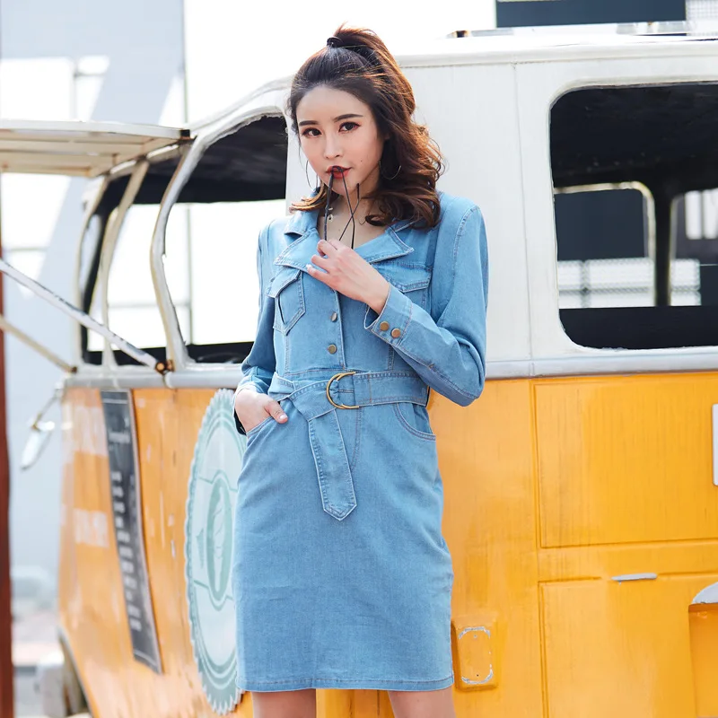 

Women Notched Denim Dress Autumn Winter Office Lady Slim Light blue Jeans Dress Cowboy Mini Dress With Belt Womens Pencil Dress