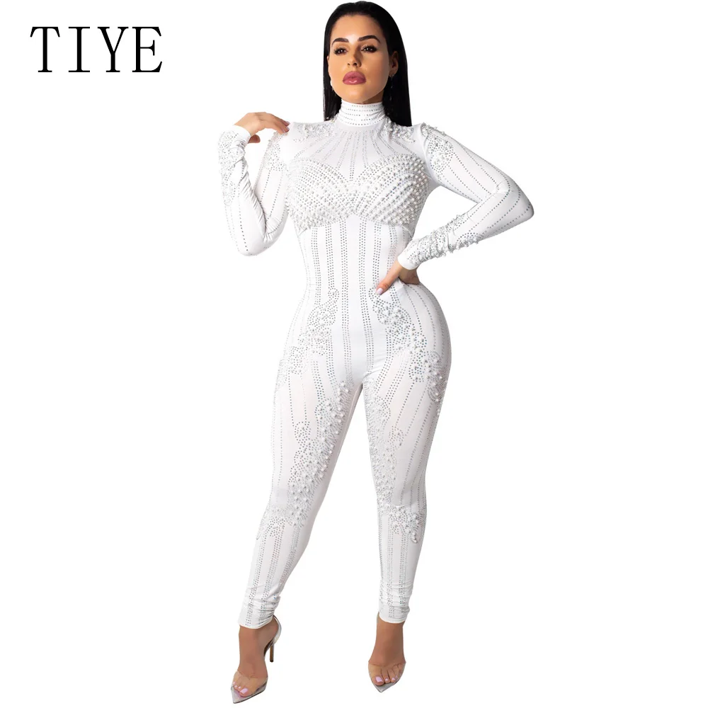 TIYE Sparkly Rhinestone Diamonds Sexy Party Jumpsuit Women Elegant Beaded Embellish Mesh Patchwork See Through Bodycon Overalls