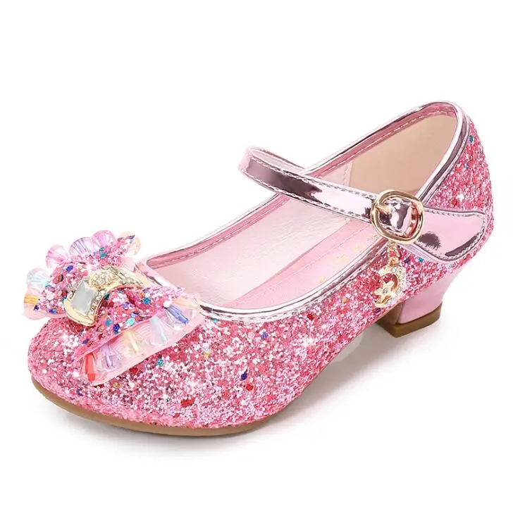 Обувь на высоком каблуке для девочек, новая весенняя обувь с блестками, обувь принцессы для маленьких девочек, обувь с бантом для