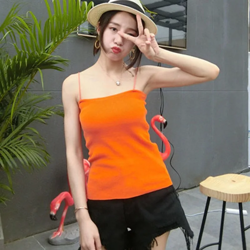 

2019 Summer Women Knitted Camisole Sexy Spaghetti Straps Solid Top Women Backless Sleeveless Slim Camisole Top Female