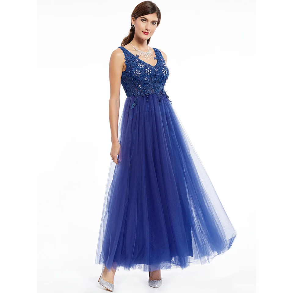 Dressv темно-Королевское синее длинное вечернее платье с аппликацией и v-образным вырезом без рукавов, недорогое свадебное вечернее платье трапециевидной формы, вечернее платье es