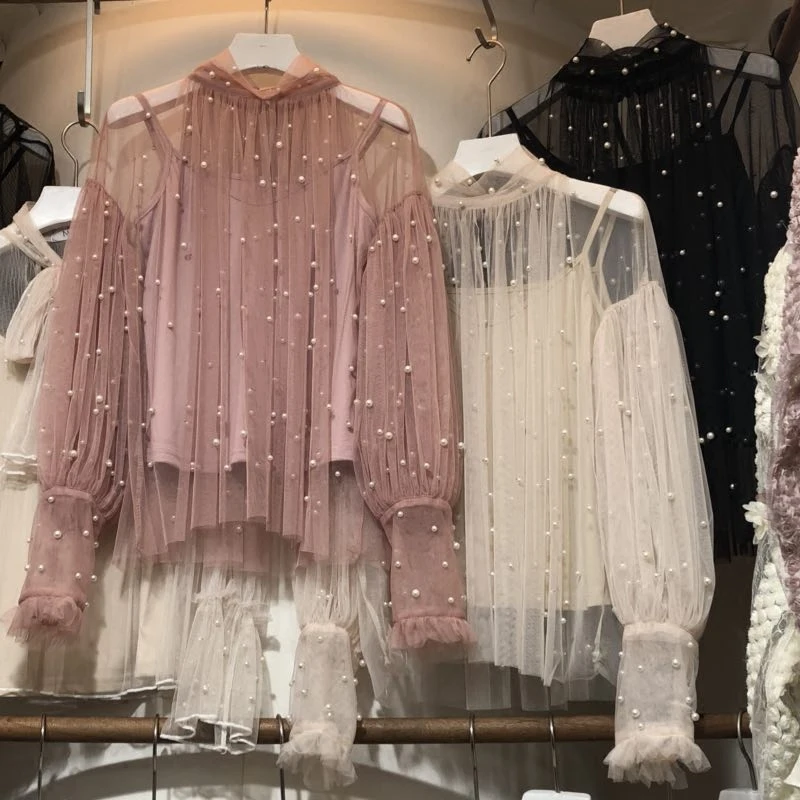 

2019 New Spring Fashion Women's Sweet Bead Gauze Lace Shirt Two-piece set Long Sleeve Princess Perspective Blouse Tops