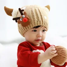 Knitted Baby Hat Cartoon Label Deer Animal Hats for Kids Solid Christmas Baby Girl Winter Hat Warm Toddler Hat