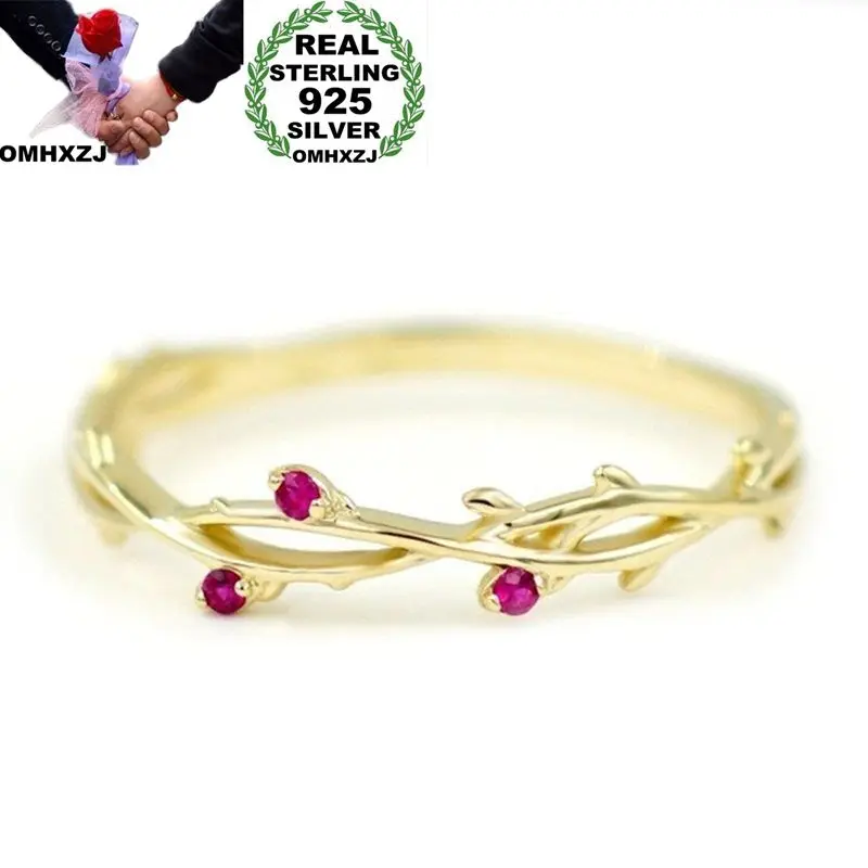 

OMHXZJ Wholesale European Fashion Woman Girl Party Wedding Gift Red AAA Zircon 925 Sterling Silver 18KT Yellow Gold Ring RR386